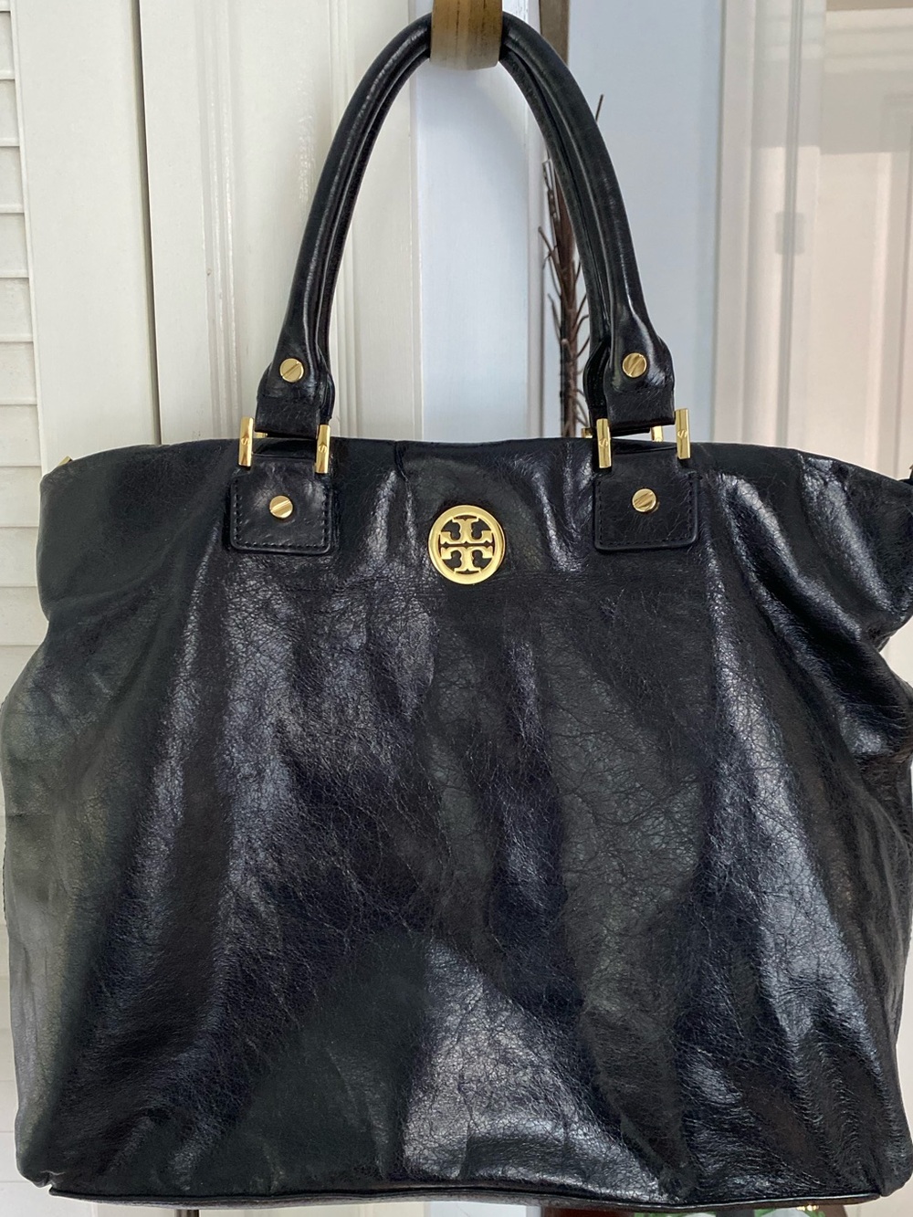 Tory Burch Black Leather Tote with Gold Emblem